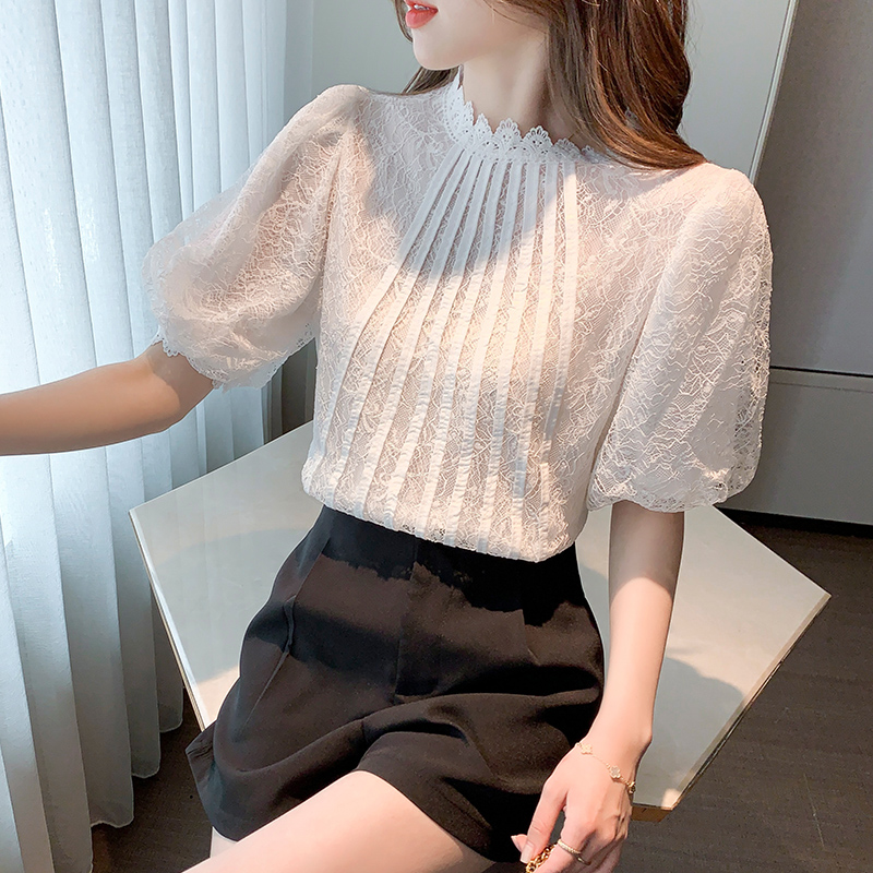 Lace lantern sleeve shirts round neck tops for women
