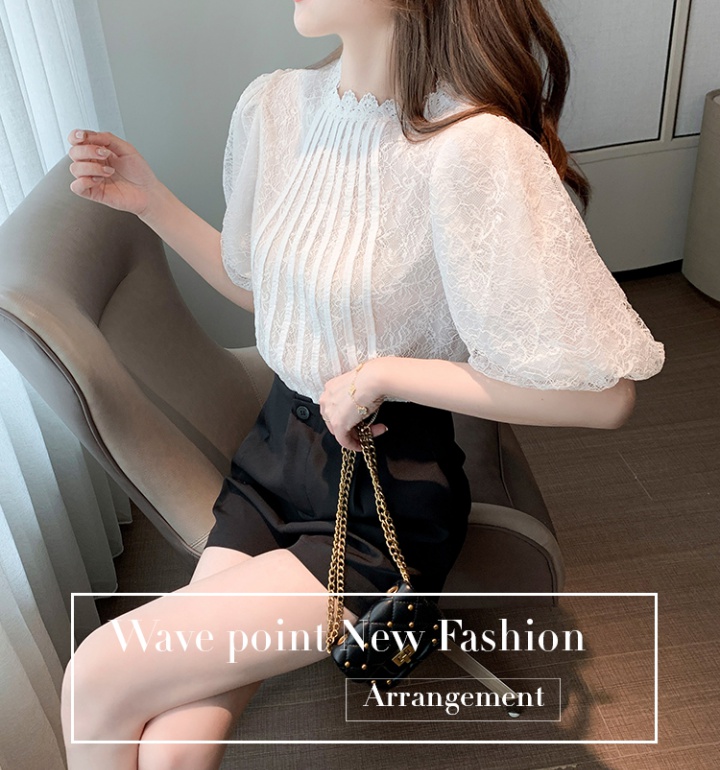 Lace lantern sleeve shirts round neck tops for women