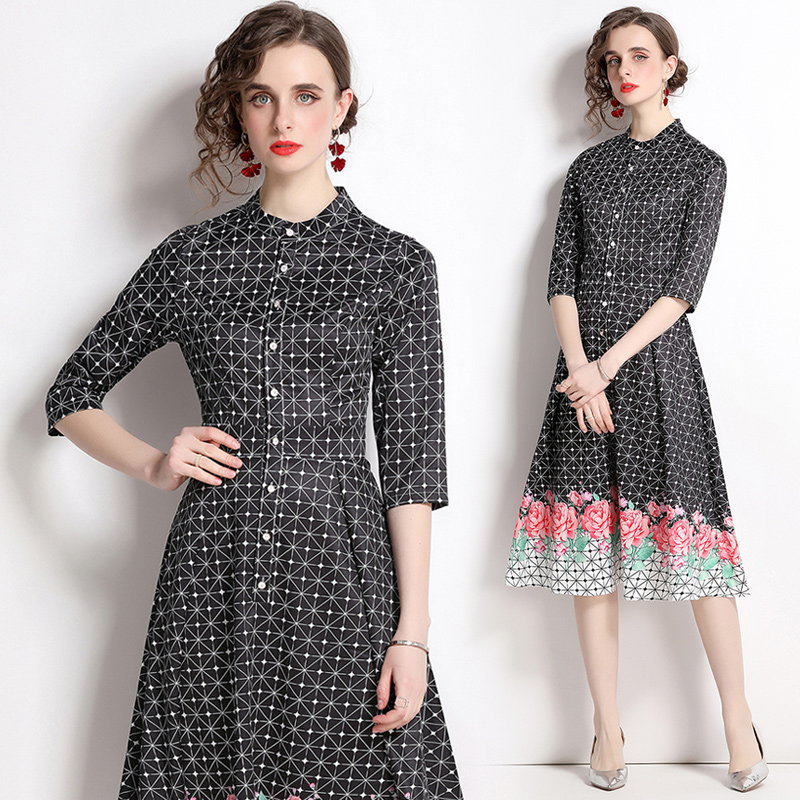 Long European style printing pinched waist dress