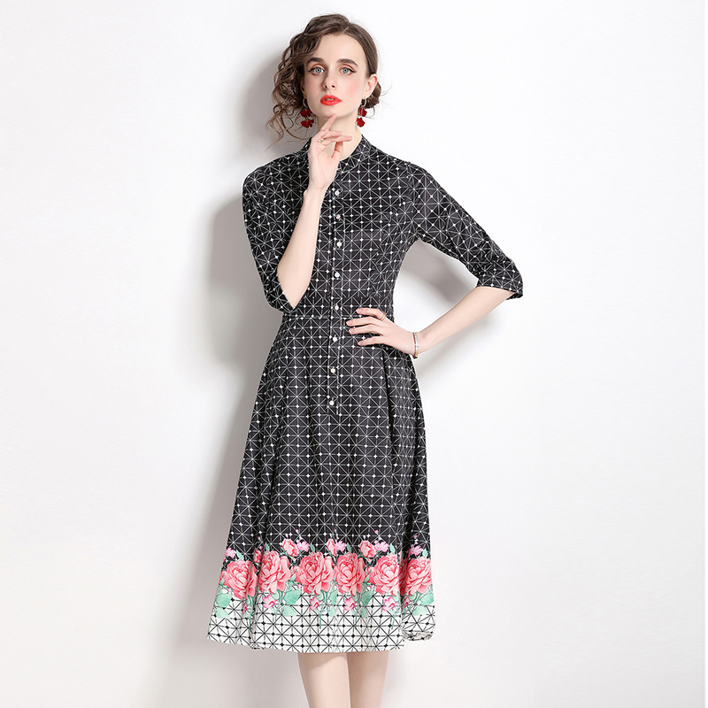Long European style printing pinched waist dress