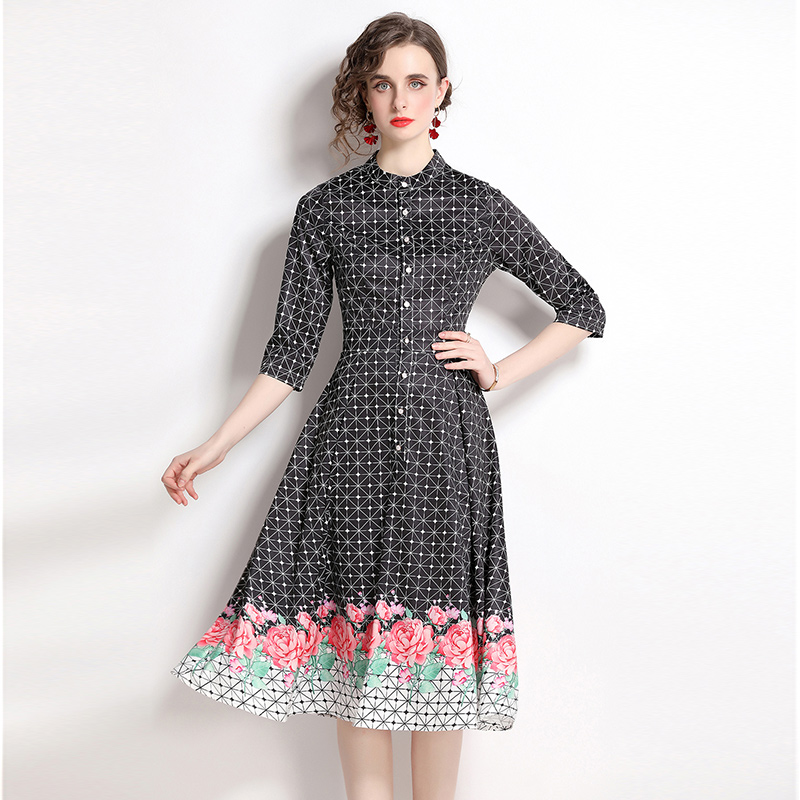 Long European style printing pinched waist dress