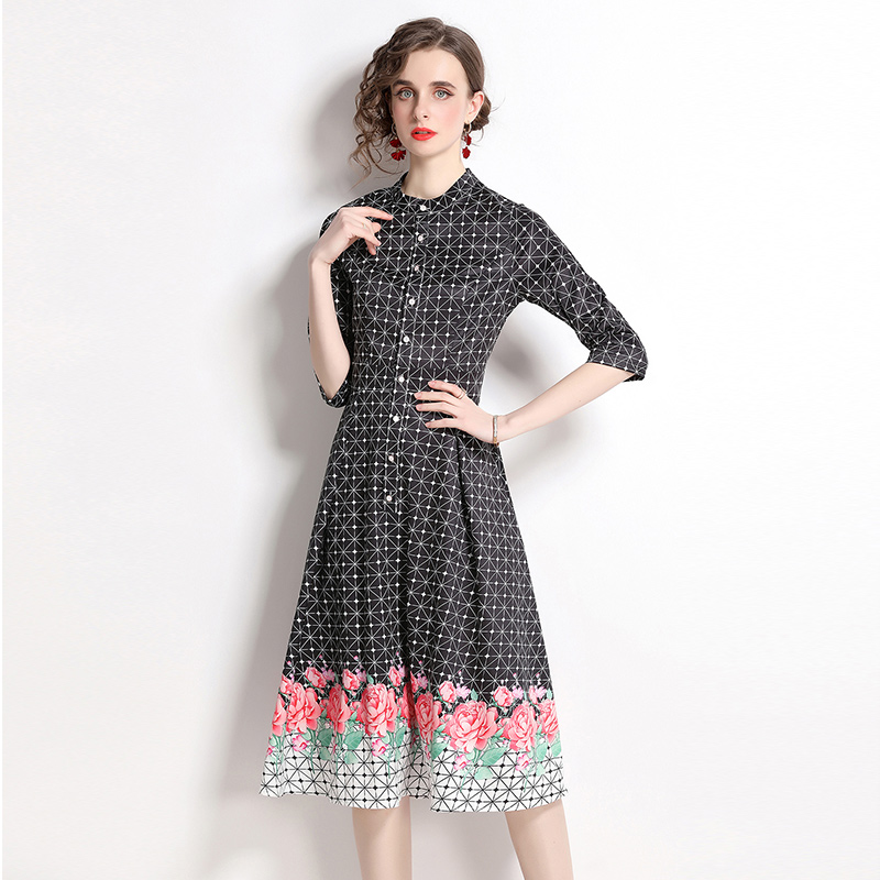 Long European style printing pinched waist dress