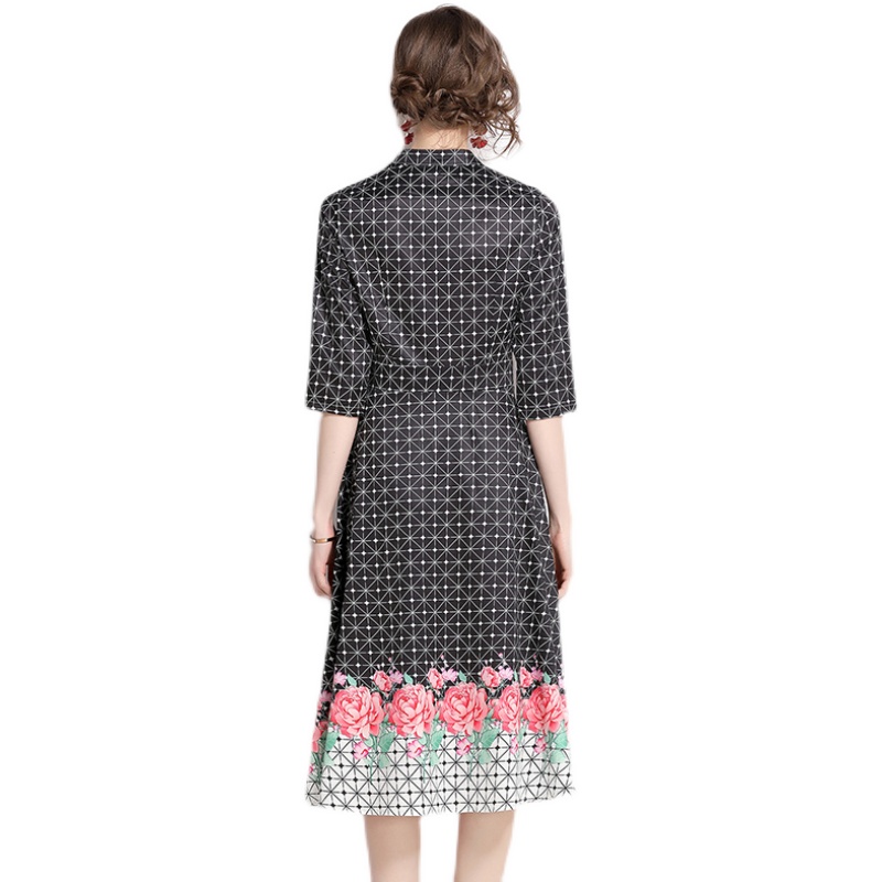 Long European style printing pinched waist dress