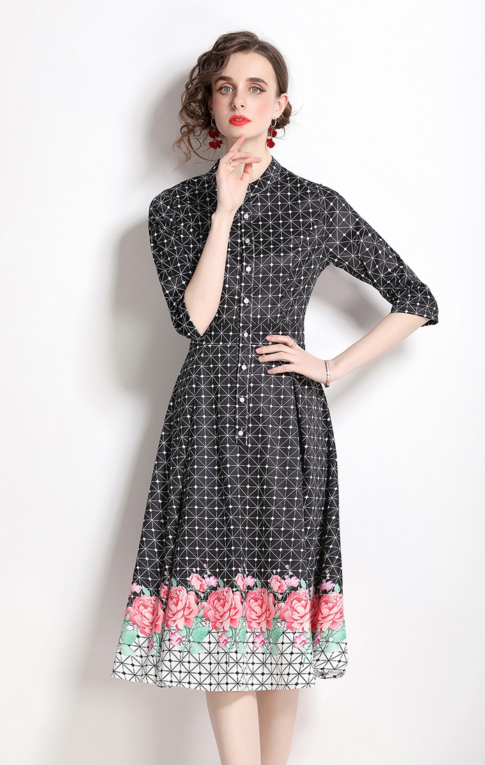 Long European style printing pinched waist dress