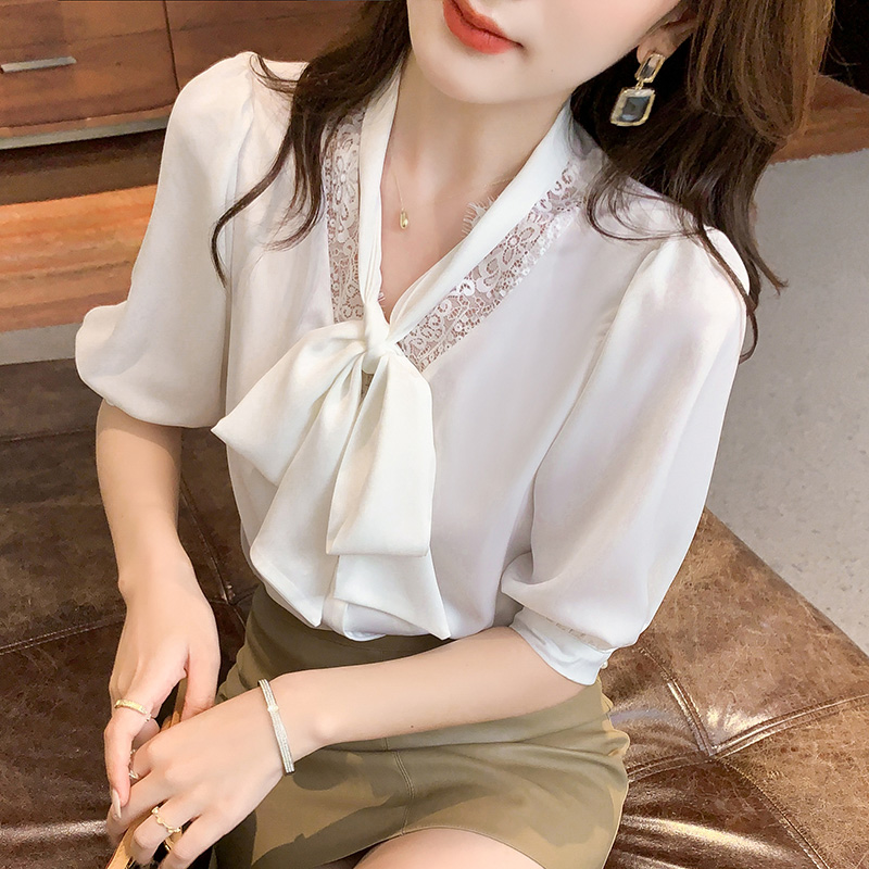 All-match bow tops summer short sleeve shirt for women