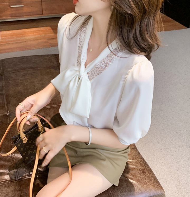 All-match bow tops summer short sleeve shirt for women