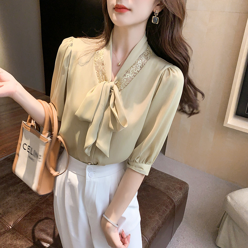 All-match bow tops summer short sleeve shirt for women