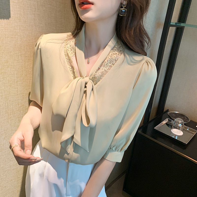 All-match bow tops summer short sleeve shirt for women