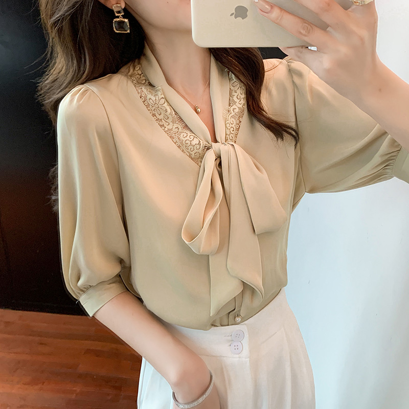 All-match bow tops summer short sleeve shirt for women