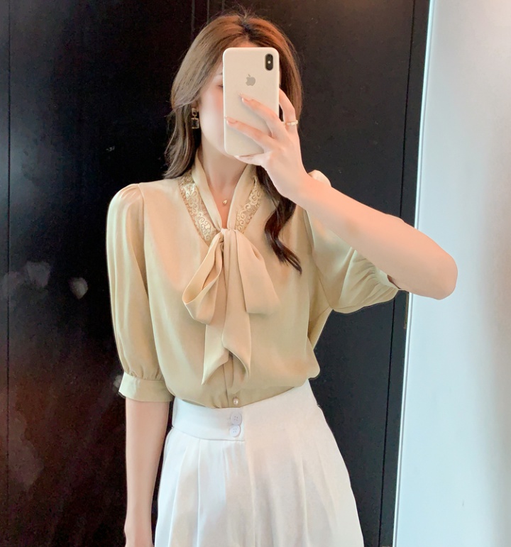 All-match bow tops summer short sleeve shirt for women