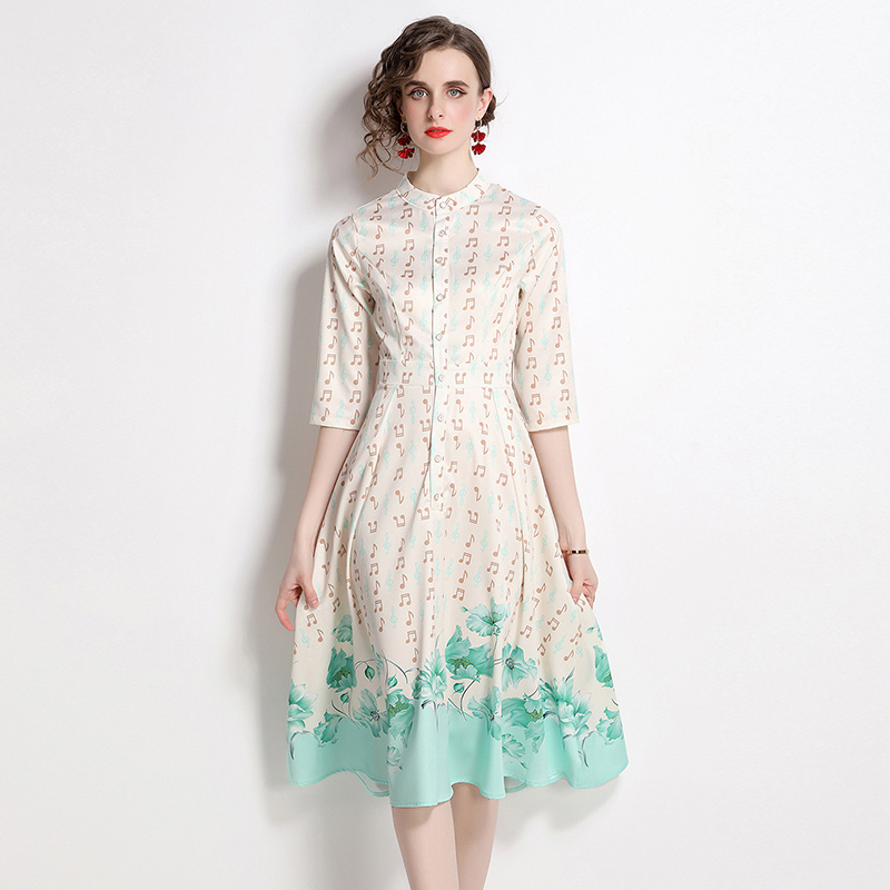 Slim pinched waist printing long spring and summer dress