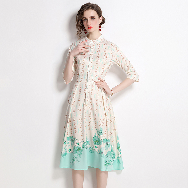 Slim pinched waist printing long spring and summer dress