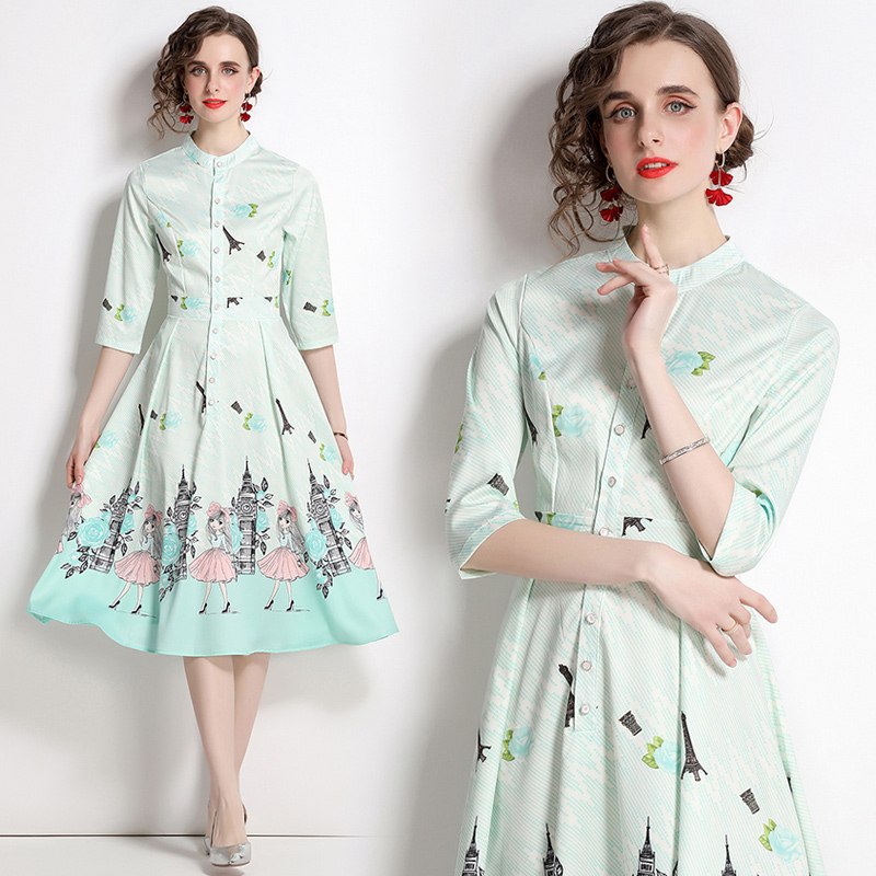 Long printing spring and summer European style dress