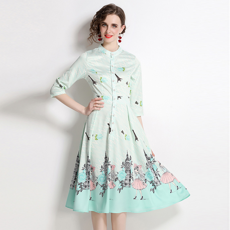 Long printing spring and summer European style dress