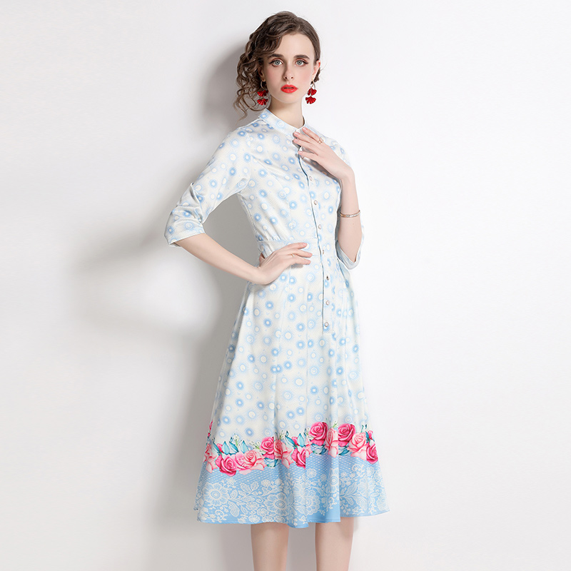 Pinched waist long European style printing dress