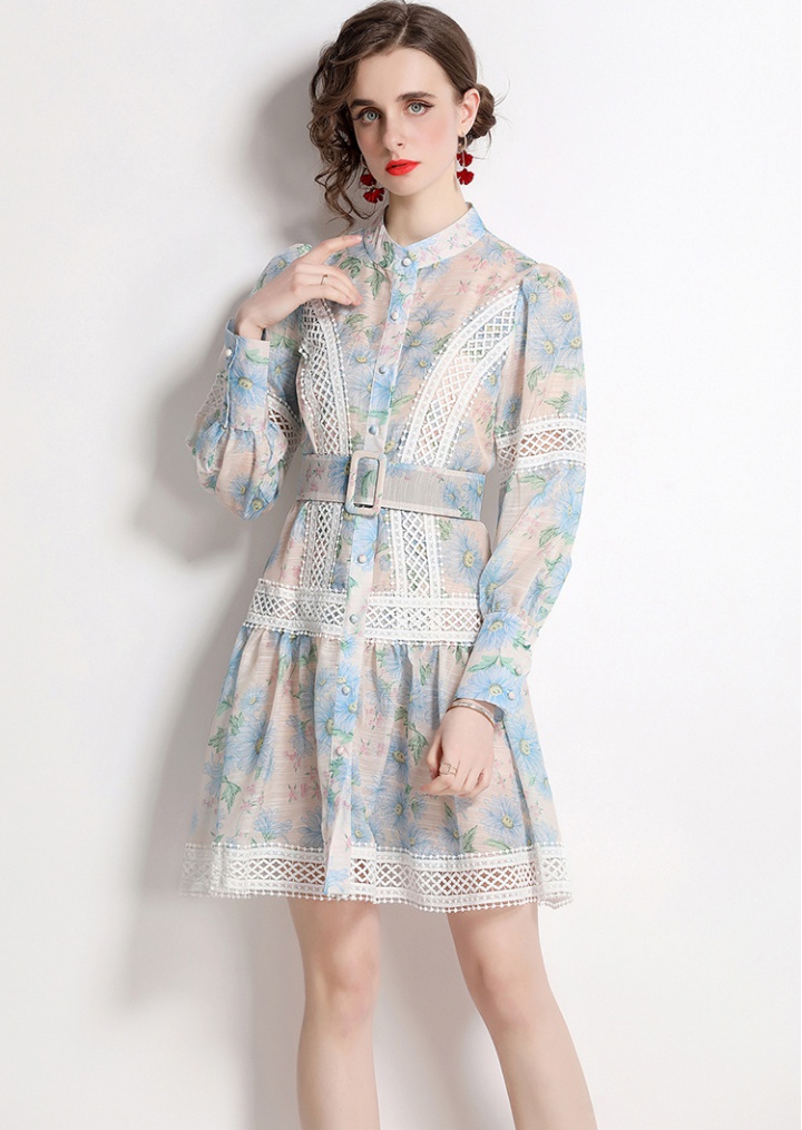 Spring long sleeve dress cstand collar printing T-back