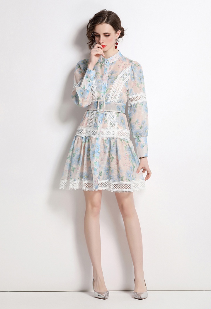 Spring long sleeve dress cstand collar printing T-back