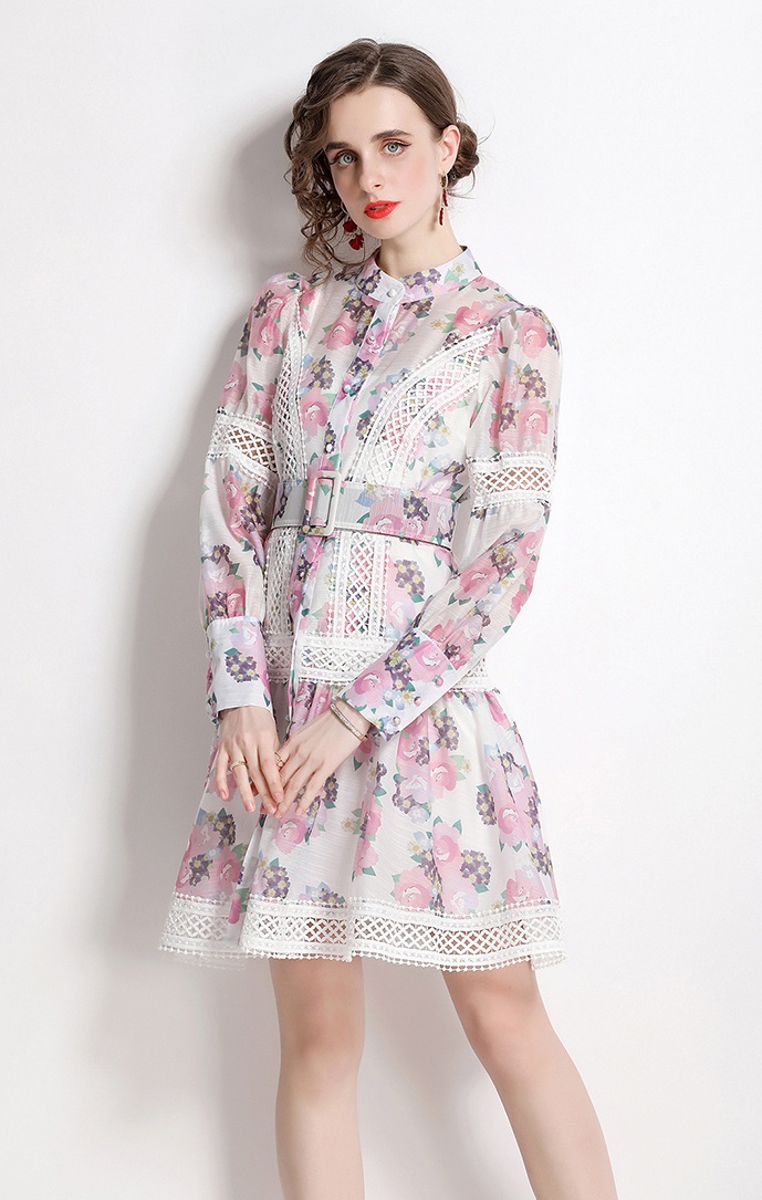 European style spring dress cstand collar printing T-back