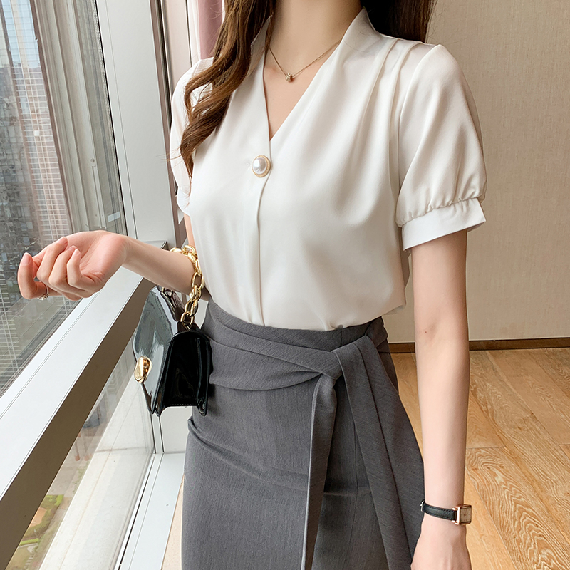 Korean style all-match summer shirt V-neck slim satin tops