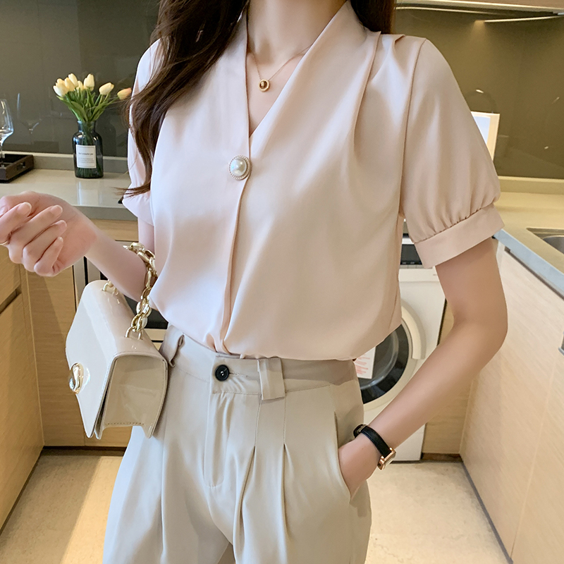 Korean style all-match summer shirt V-neck slim satin tops