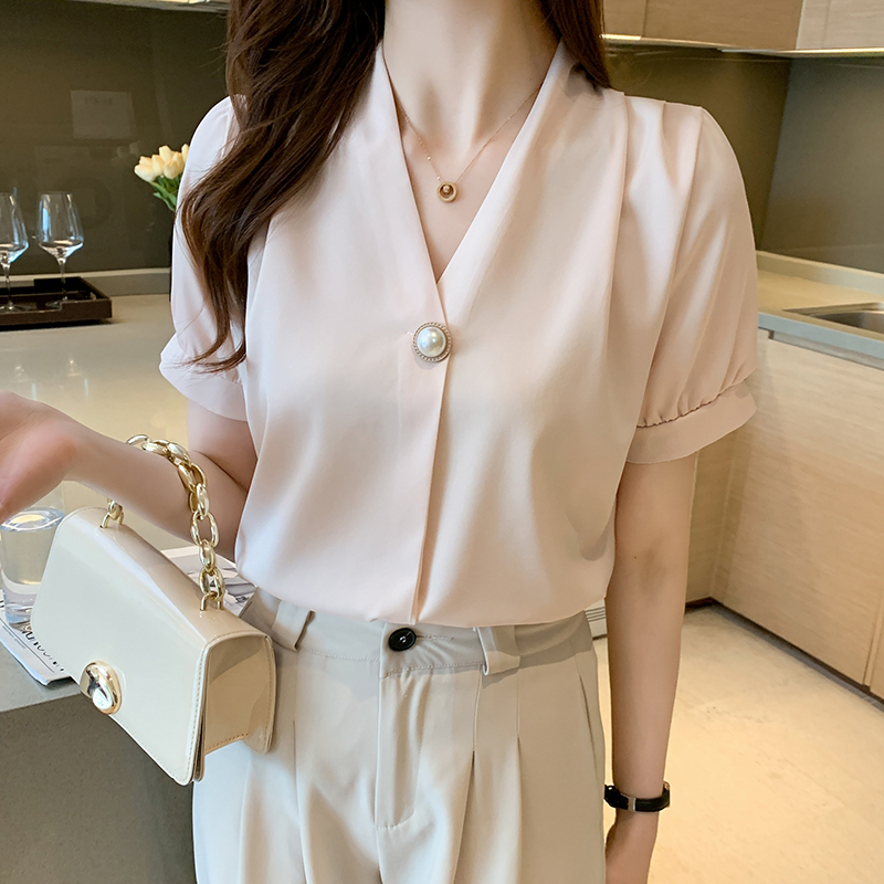 Korean style all-match summer shirt V-neck slim satin tops