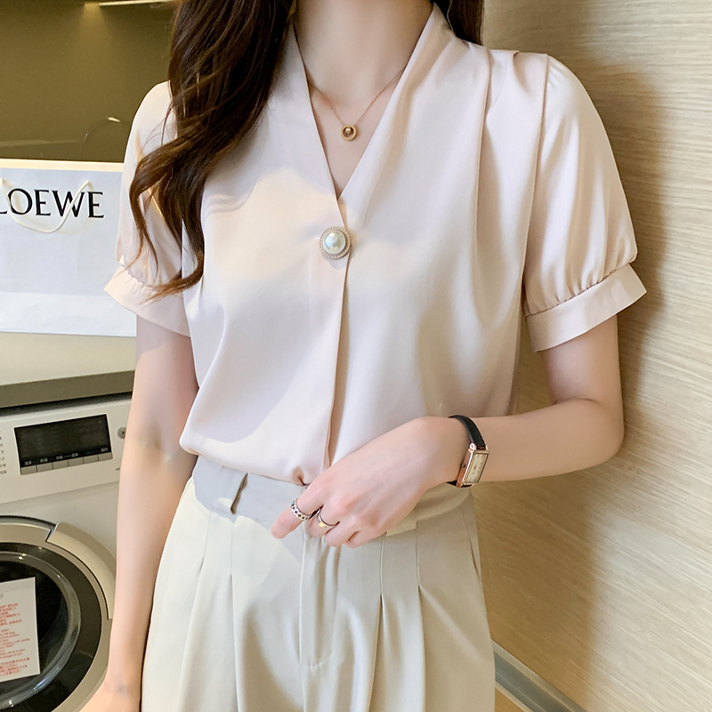 Korean style all-match summer shirt V-neck slim satin tops