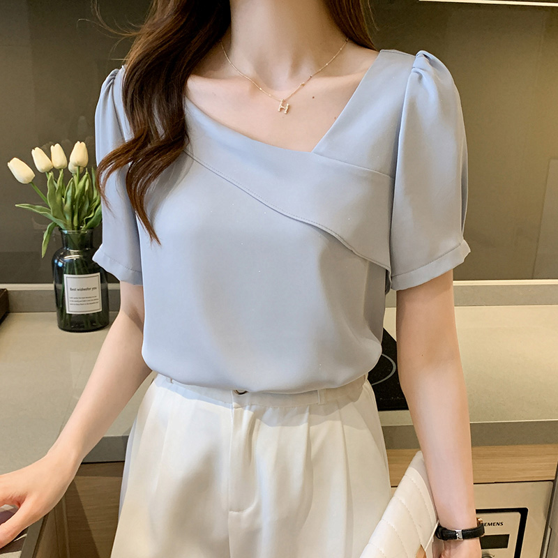 Korean style short sleeve shirt oblique collar tops for women