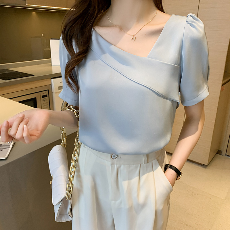 Korean style short sleeve shirt oblique collar tops for women
