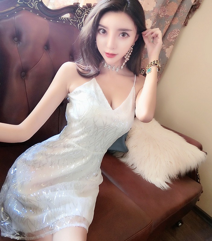 Sling nightclub low-cut slim sequins big halter dress