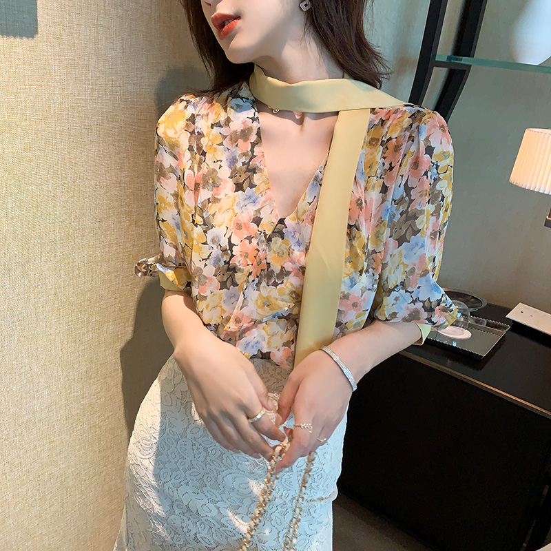 Short sleeve tops chiffon shirt for women