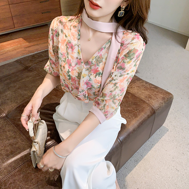 Short sleeve tops chiffon shirt for women