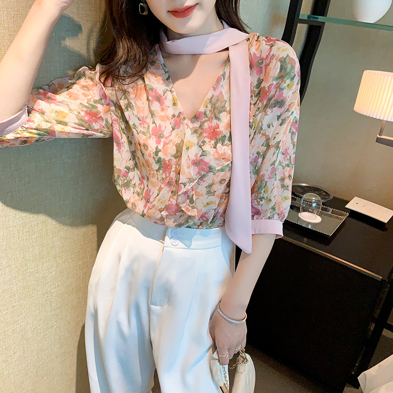 Short sleeve tops chiffon shirt for women