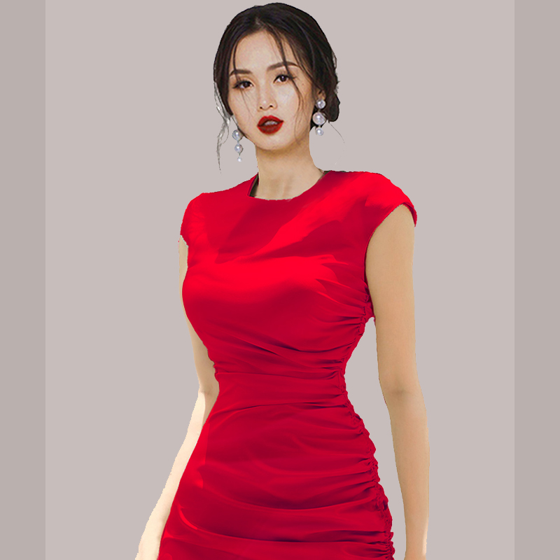 Spring fold split red round neck temperament long dress