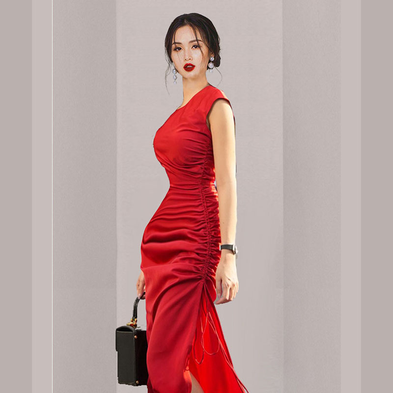 Spring fold split red round neck temperament long dress