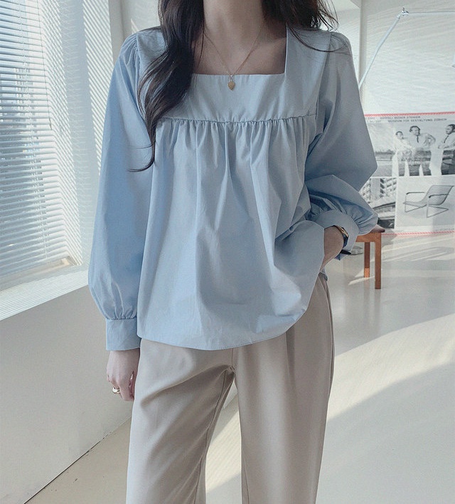 Square collar simple long sleeve pure shirt