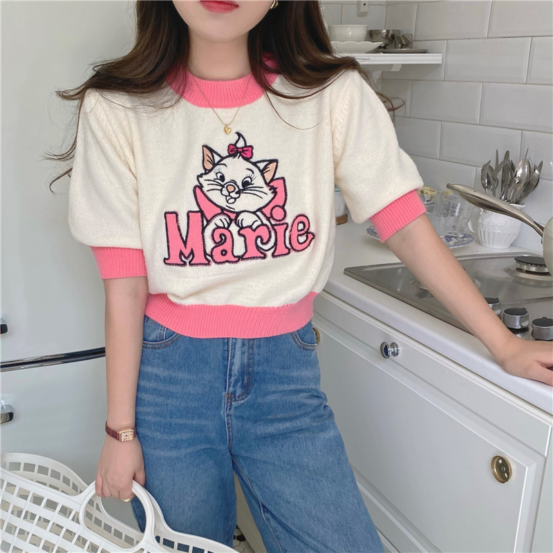 Cartoon mixed colors knitted short Korean style tops