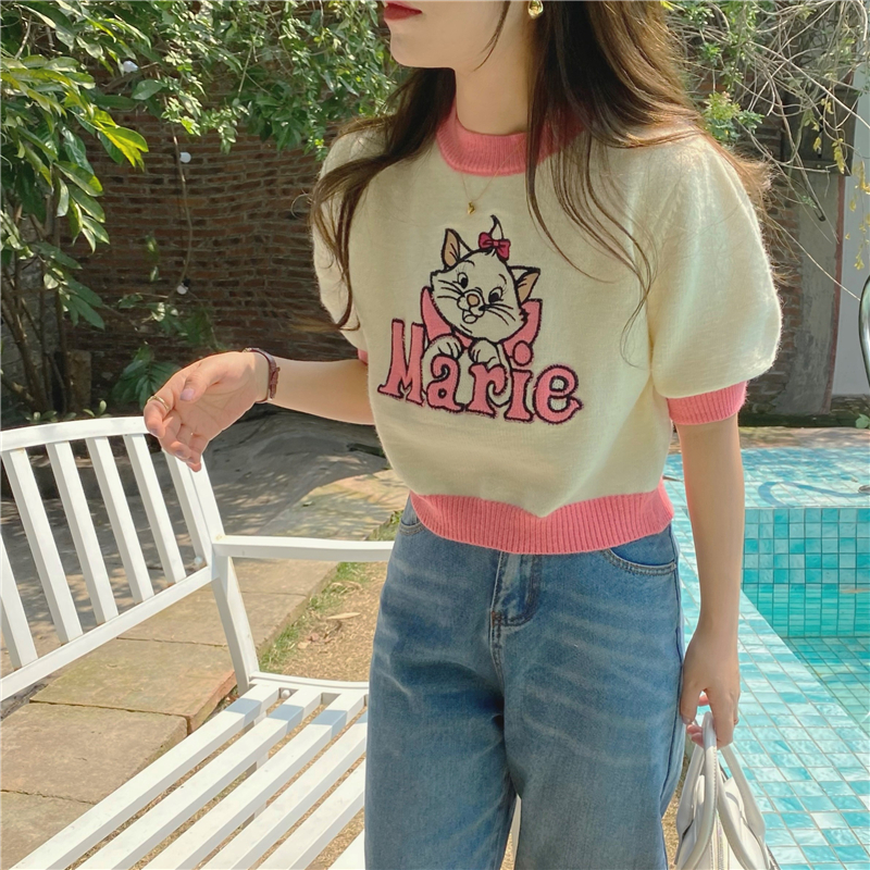 Cartoon mixed colors knitted short Korean style tops