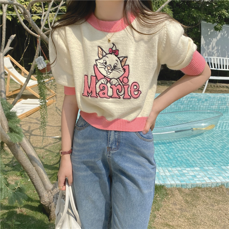 Cartoon mixed colors knitted short Korean style tops