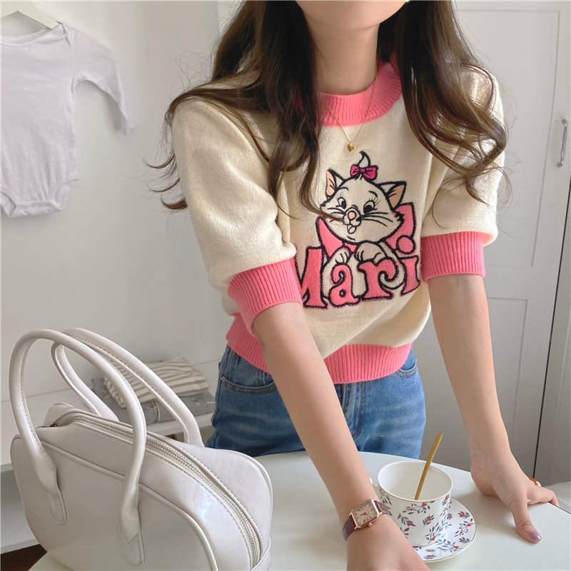 Cartoon mixed colors knitted short Korean style tops