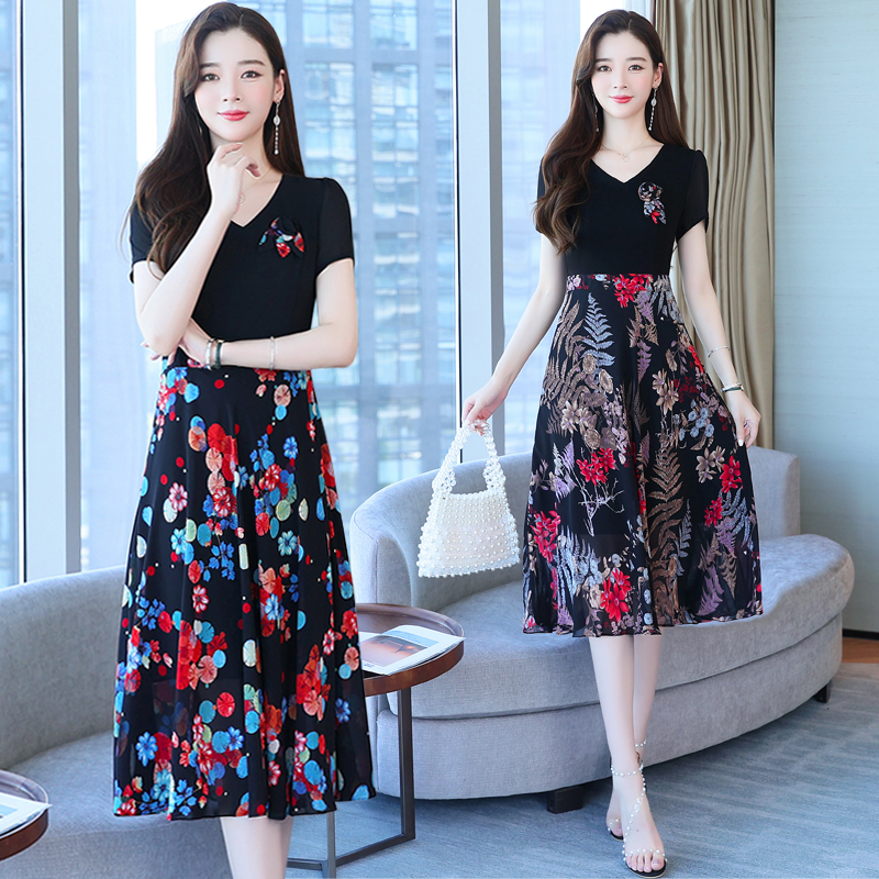 Splice Western style chiffon pinched waist dress for women