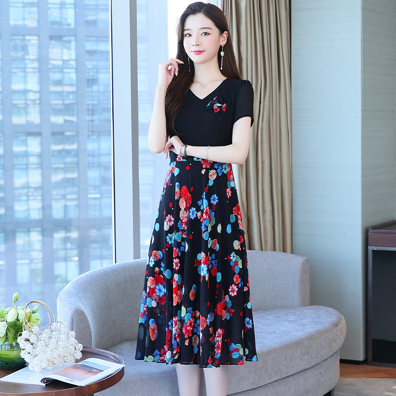 Splice Western style chiffon pinched waist dress for women