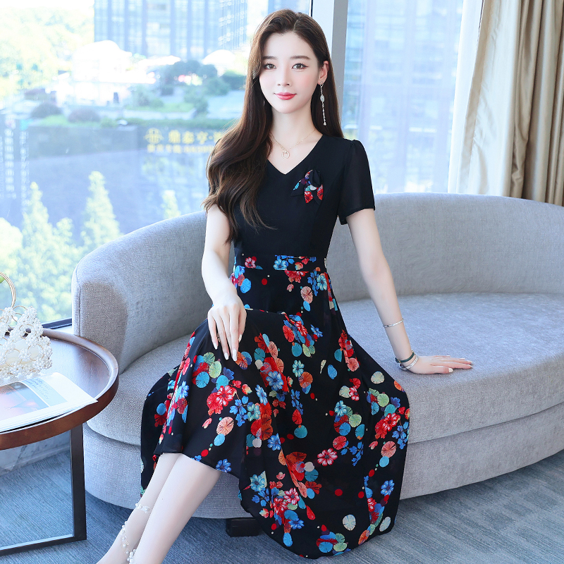 Splice Western style chiffon pinched waist dress for women