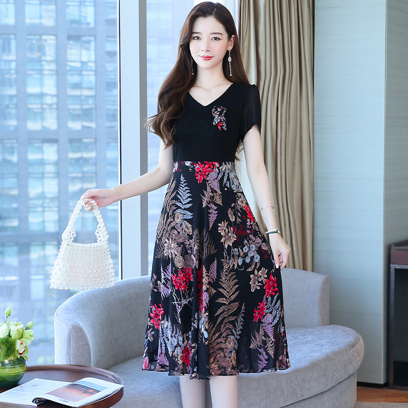 Splice Western style chiffon pinched waist dress for women