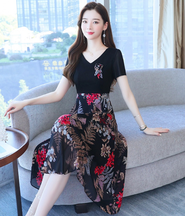 Splice Western style chiffon pinched waist dress for women