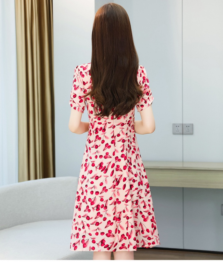 Slim floral short sleeve pinched waist chiffon dress