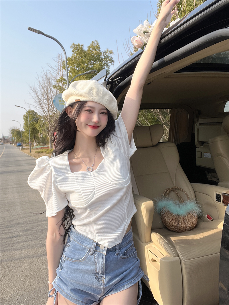 Maiden short sleeve T-shirt Western style puff sleeve tops