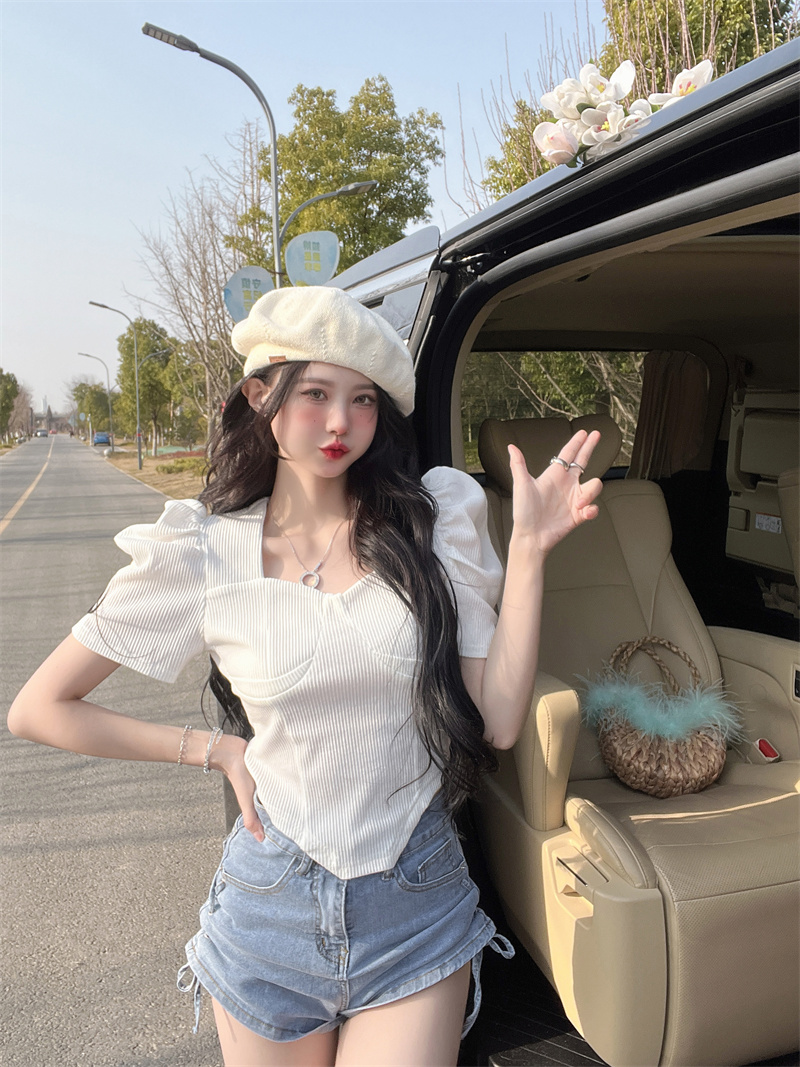 Maiden short sleeve T-shirt Western style puff sleeve tops