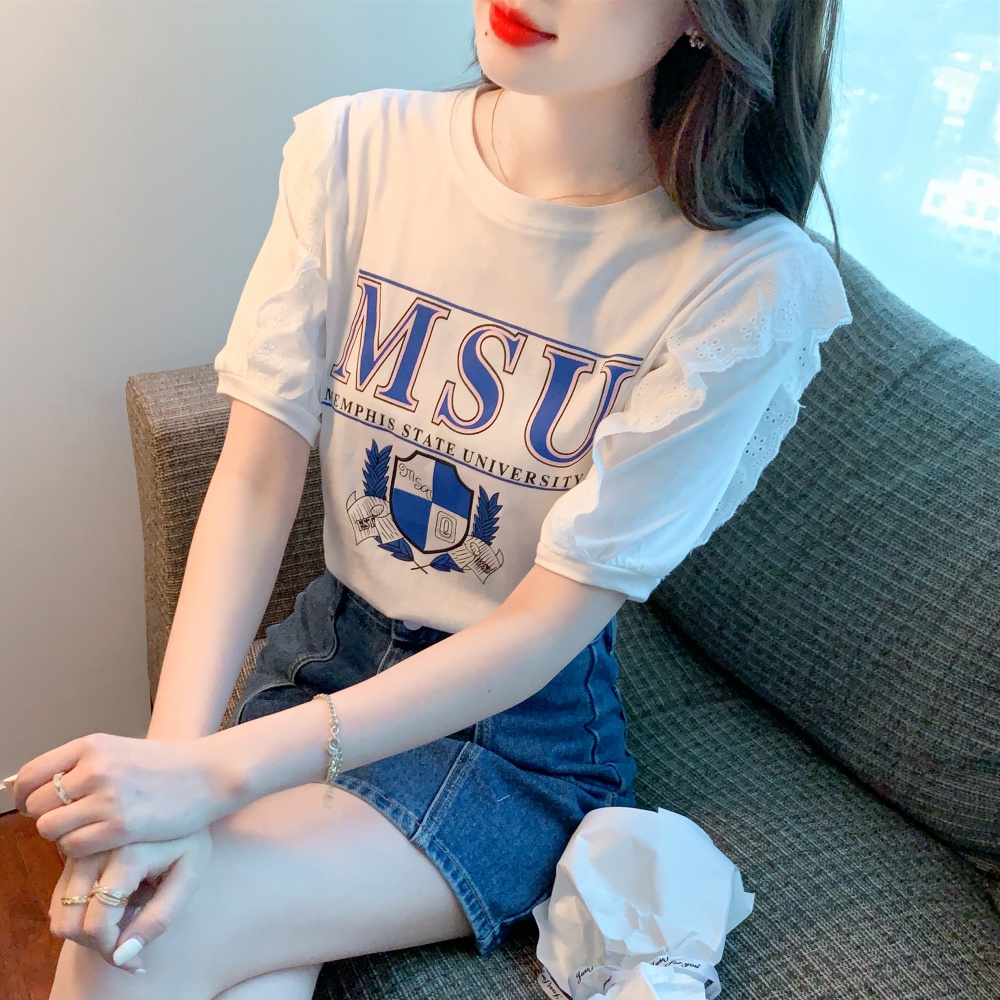 Summer pure cotton letters tops printing lace T-shirt