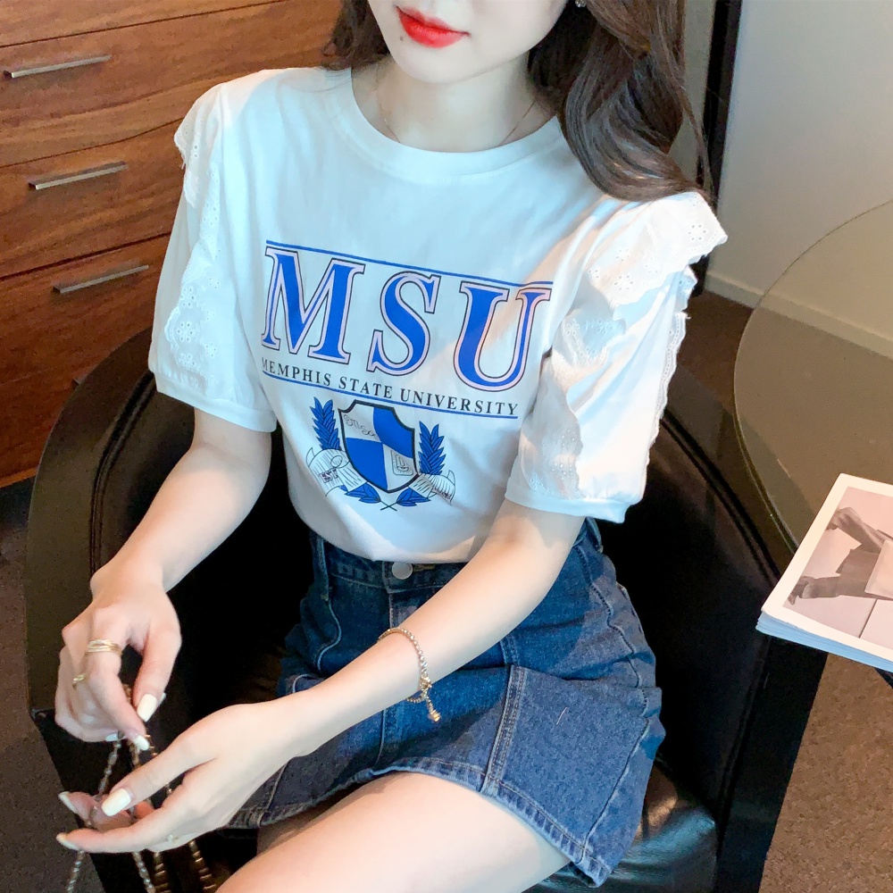 Summer pure cotton letters tops printing lace T-shirt