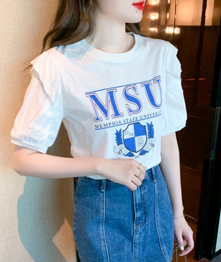 Summer pure cotton letters tops printing lace T-shirt